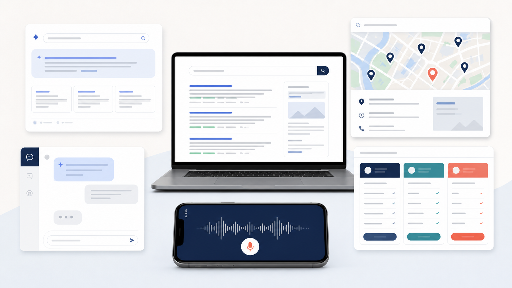 ภาพแสดงประเภทการค้นหาผ่านเว็บไซต์ AI Search แผนที่ เสียง และการเปรียบเทียบ